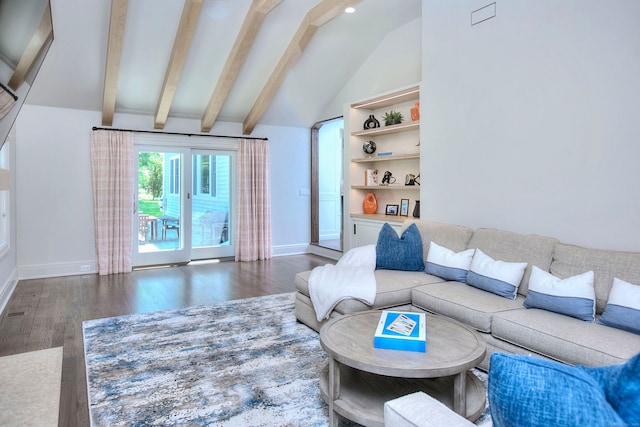 16 Gault Park Dr, Westport, CT 06880 - living room with wood finished floors, beamed ceiling, and high vaulted ceiling