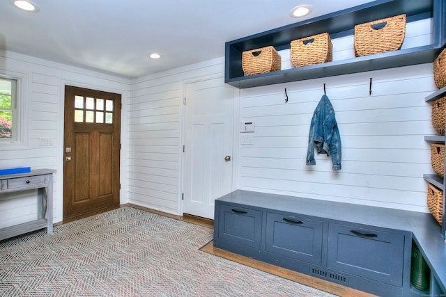 16 Gault Park Dr, Westport, CT 06880 - mudroom with recessed lighting, light wood-style flooring, and wood walls