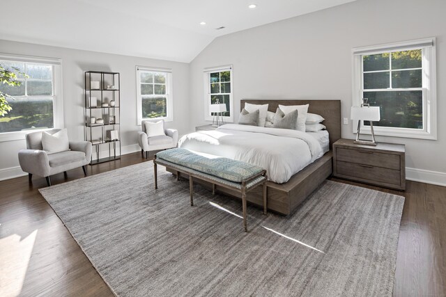 16 Gault Park Dr, Westport, CT 06880 - bedroom featuring lofted ceiling, multiple windows, dark wood-type flooring, and recessed lighting
