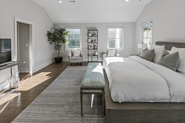 16 Gault Park Dr, Westport, CT 06880 - bedroom with vaulted ceiling, dark wood-type flooring, and recessed lighting