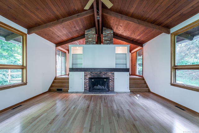 60 Ferry Bridge Rd, Washington, CT 06793 - unfurnished living room with stairway, a brick fireplace, wood finished floors, and wooden ceiling