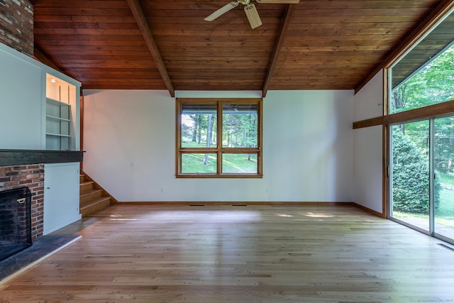 60 Ferry Bridge Rd, Washington, CT 06793 - unfurnished living room featuring wood ceiling, a brick fireplace, a ceiling fan, wood finished floors, and stairway