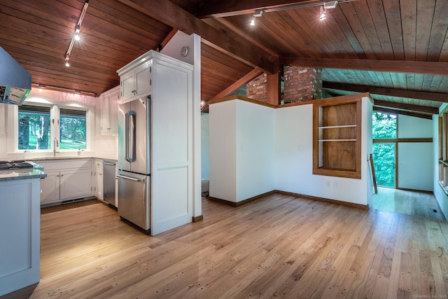 60 Ferry Bridge Rd, Washington, CT 06793 - kitchen with appliances with stainless steel finishes, track lighting, wood ceiling, white cabinets, and light wood finished floors