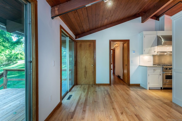 60 Ferry Bridge Rd, Washington, CT 06793 - kitchen featuring high end stainless steel range, white cabinetry, light wood-style floors, light countertops, and wood ceiling