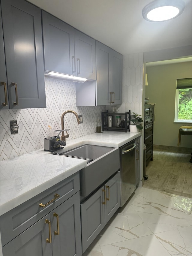 37 Brookwood Dr Apt D, Rocky Hill, CT 06067 - kitchen with stainless steel dishwasher, gray cabinetry, and backsplash