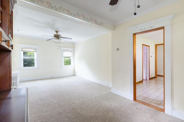 270 Decicco Rd, Waterbury, CT 06705 - unfurnished living room featuring ceiling fan, light colored carpet, and ornamental molding