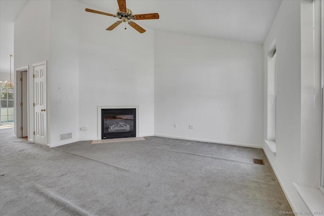 46 Rolling Grn, Middletown, CT 06457 - unfurnished living room with carpet, high vaulted ceiling, a ceiling fan, and a fireplace with flush hearth