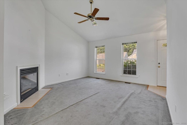 46 Rolling Grn, Middletown, CT 06457 - unfurnished living room featuring carpet, a fireplace with flush hearth, high vaulted ceiling, and ceiling fan