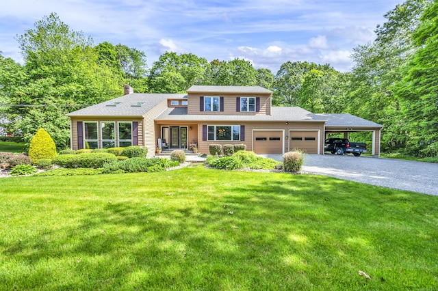 15 Quigley Rd, Wallingford, CT 06492 - view of front facade featuring an attached garage, gravel driveway, a front lawn, a chimney, and roof with shingles
