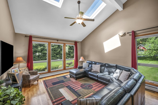 15 Quigley Rd, Wallingford, CT 06492 - living room with a skylight, plenty of natural light, high vaulted ceiling, a ceiling fan, and wood finished floors
