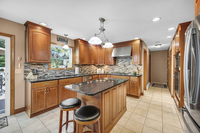 15 Quigley Rd, Wallingford, CT 06492 - kitchen with wall chimney exhaust hood, decorative backsplash, light tile patterned floors, and recessed lighting