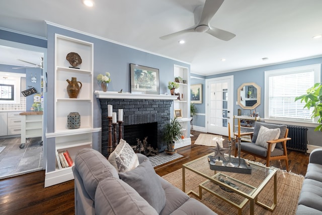 32 Holcomb St, West Haven, CT 06516 - living room featuring ceiling fan, ornamental molding, a fireplace, built in features, and recessed lighting