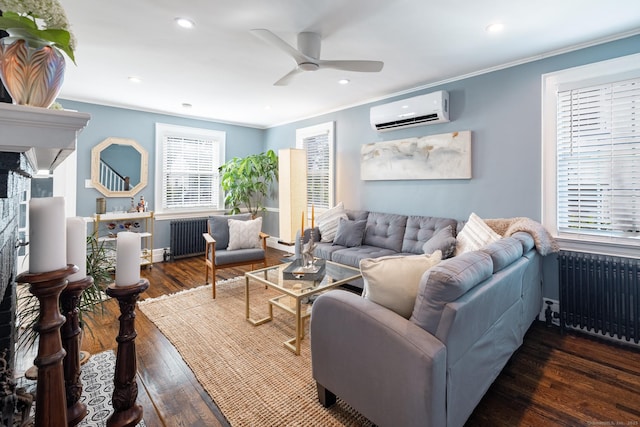 32 Holcomb St, West Haven, CT 06516 - living room with radiator, a wall mounted AC, plenty of natural light, crown molding, and recessed lighting