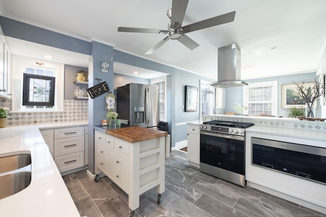32 Holcomb St, West Haven, CT 06516 - kitchen featuring stainless steel appliances, island range hood, open shelves, ornamental molding, and decorative backsplash