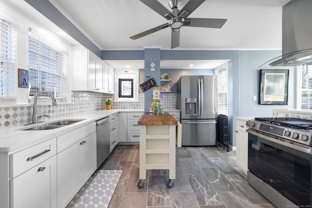32 Holcomb St, West Haven, CT 06516 - kitchen with stainless steel appliances, wooden counters, island exhaust hood, open shelves, and crown molding
