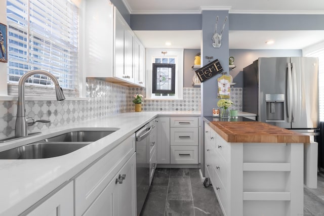 32 Holcomb St, West Haven, CT 06516 - kitchen with wooden counters, open shelves, stainless steel appliances, white cabinets, and crown molding