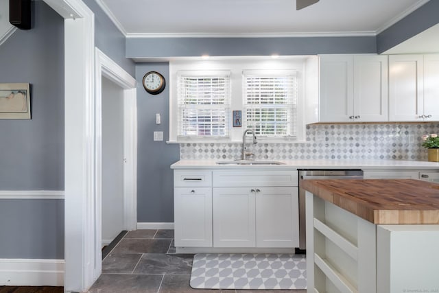 32 Holcomb St, West Haven, CT 06516 - kitchen with wooden counters, dishwasher, tasteful backsplash, white cabinetry, and ornamental molding