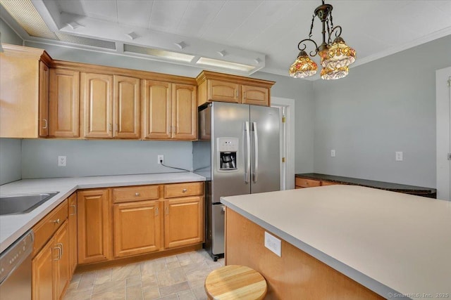 171 Lincoln St, Middletown, CT 06457 - kitchen with appliances with stainless steel finishes, hanging light fixtures, light countertops, and a chandelier