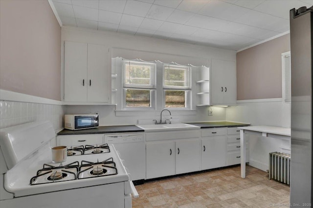 171 Lincoln St, Middletown, CT 06457 - kitchen featuring radiator heating unit, white appliances, crown molding, white cabinets, and open shelves