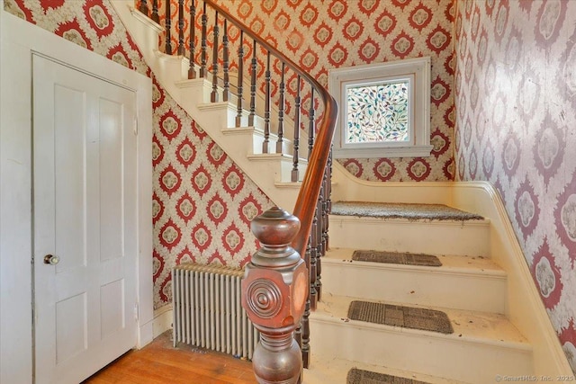171 Lincoln St, Middletown, CT 06457 - staircase with wallpapered walls, radiator heating unit, and wood finished floors