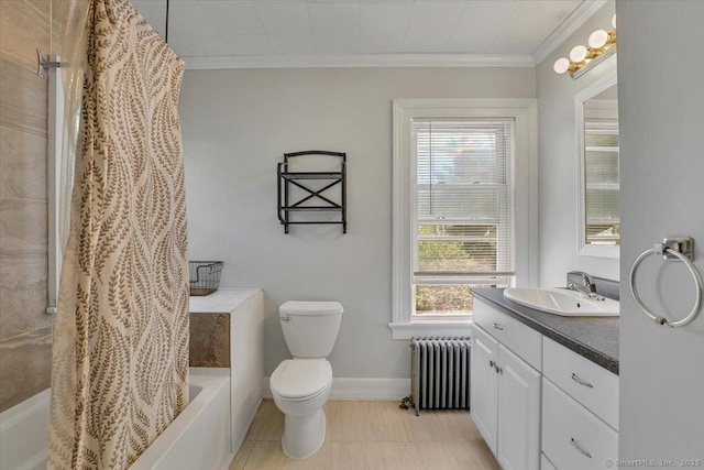 171 Lincoln St, Middletown, CT 06457 - bathroom featuring radiator heating unit, vanity, shower / bath combo, healthy amount of natural light, and ornamental molding