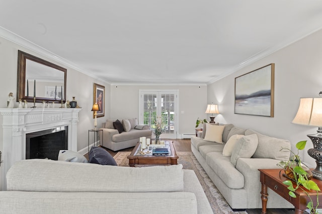 46 Tally Ho Rd, Ridgefield, CT 06877 - living area with crown molding, wood finished floors, a fireplace, and a baseboard radiator