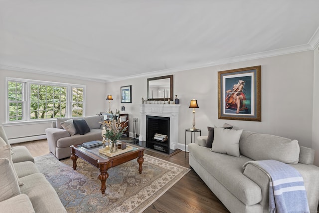 46 Tally Ho Rd, Ridgefield, CT 06877 - living room with baseboard heating, ornamental molding, a fireplace with raised hearth, and wood finished floors