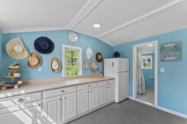 46 Tally Ho Rd, Ridgefield, CT 06877 - kitchen with freestanding refrigerator, white cabinets, light countertops, and carpet
