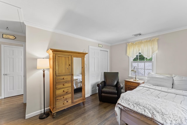 46 Tally Ho Rd, Ridgefield, CT 06877 - bedroom with dark wood finished floors, crown molding, a closet, and attic access