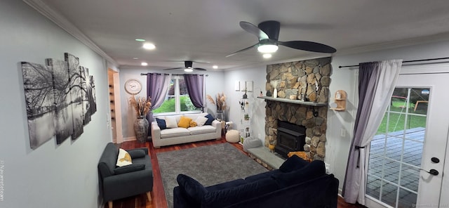 17 Kingsbury Rd, Norwalk, CT 06851 - living area featuring crown molding, dark wood-style floors, a ceiling fan, recessed lighting, and a fireplace