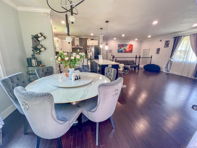 17 Kingsbury Rd, Norwalk, CT 06851 - dining room with crown molding, dark wood finished floors, recessed lighting, and a chandelier