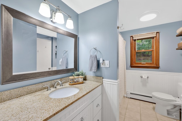 43 Phelps Rd, Marlborough, CT 06447 - bathroom with baseboard heating, wainscoting, tile patterned floors, vanity, and a shower with curtain
