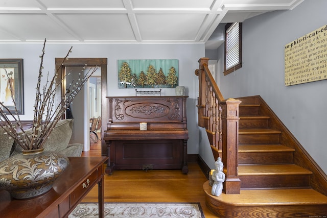 29 Circuit Ave, Waterbury, CT 06708 - stairs featuring coffered ceiling and wood finished floors