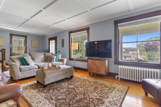 29 Circuit Ave, Waterbury, CT 06708 - living area with radiator heating unit, coffered ceiling, and wood finished floors