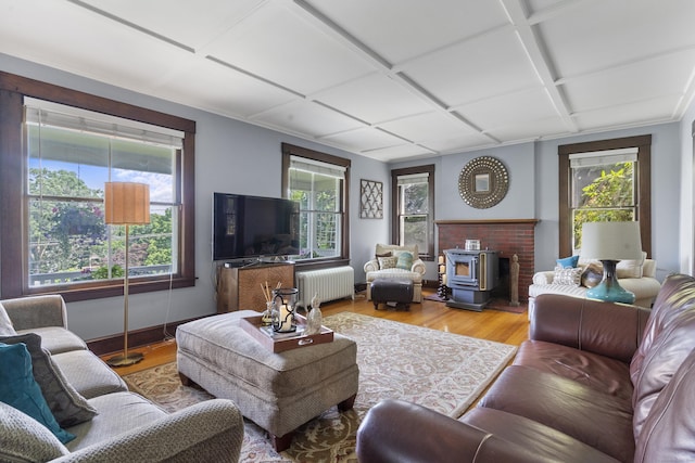 29 Circuit Ave, Waterbury, CT 06708 - living room with radiator heating unit, wood finished floors, coffered ceiling, and a wood stove