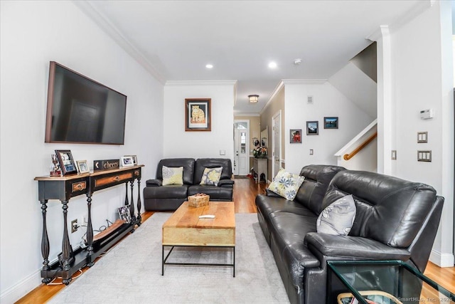 6 Faith Ln Unit 6, Danbury, CT 06810 - living area featuring wood finished floors, crown molding, stairs, and recessed lighting