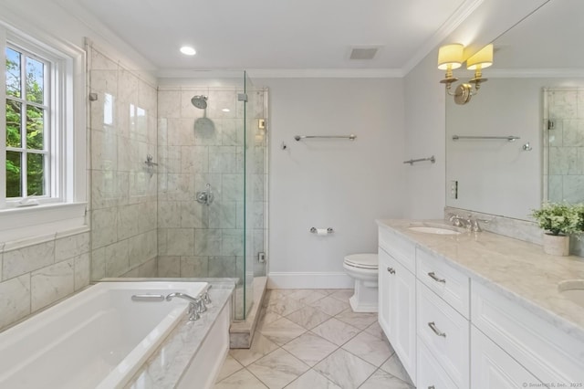 109 W Ave, Darien, CT 06820 - bathroom featuring a stall shower, a bath, double vanity, ornamental molding, and marble finish flooring
