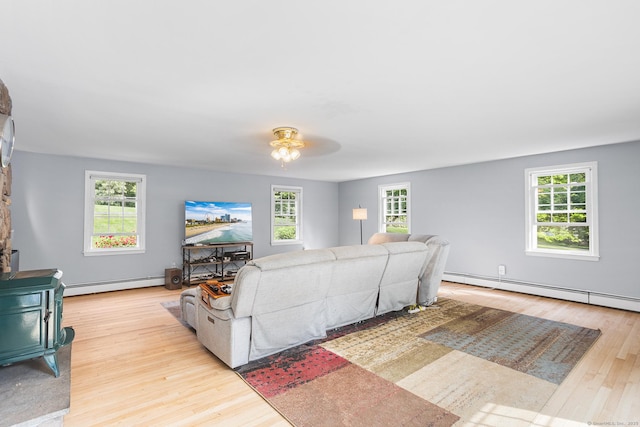97 Wildwood Cir, Durham, CT 06422 - living area with a baseboard radiator, wood finished floors, ceiling fan, and a wood stove