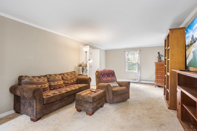 97 Wildwood Cir, Durham, CT 06422 - living room with light carpet, crown molding, and a baseboard heating unit
