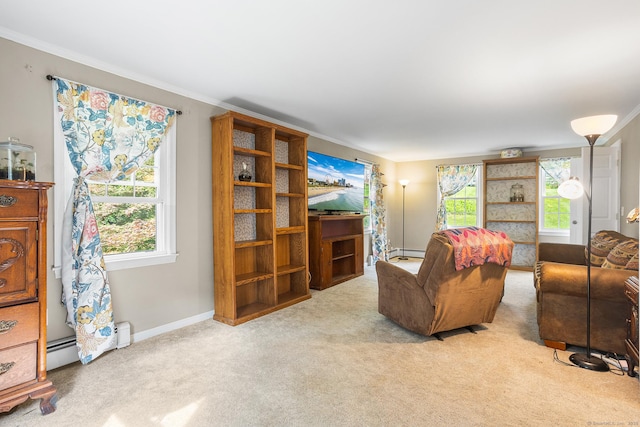 97 Wildwood Cir, Durham, CT 06422 - living area with a baseboard heating unit, carpet floors, crown molding, and baseboard heating