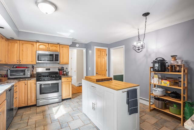 97 Wildwood Cir, Durham, CT 06422 - kitchen with stainless steel appliances, light stone finish flooring, wood counters, decorative light fixtures, and tasteful backsplash