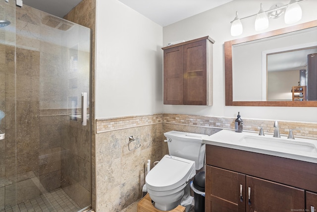 97 Wildwood Cir, Durham, CT 06422 - full bath featuring tile walls, vanity, a stall shower, and wainscoting