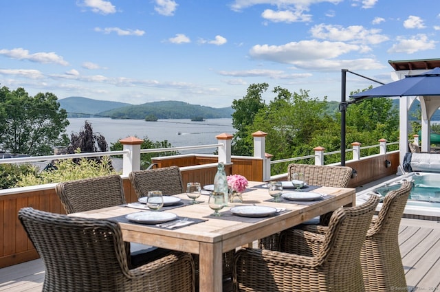 113 N Lake Shore Dr, Brookfield, CT 06804 - deck featuring outdoor dining space, a water and mountain view, and a gazebo