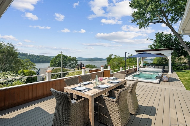 113 N Lake Shore Dr, Brookfield, CT 06804 - wooden deck with a water and mountain view and outdoor dining space