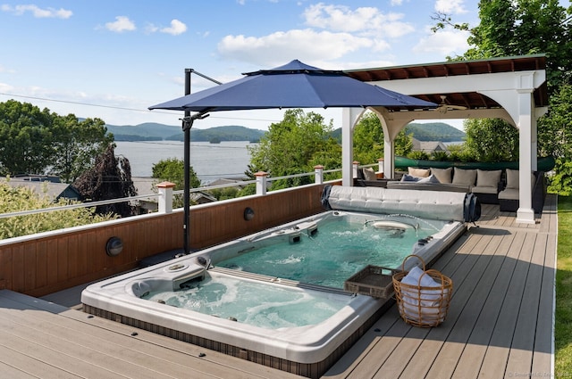 113 N Lake Shore Dr, Brookfield, CT 06804 - wooden terrace with an outdoor living space and a water and mountain view
