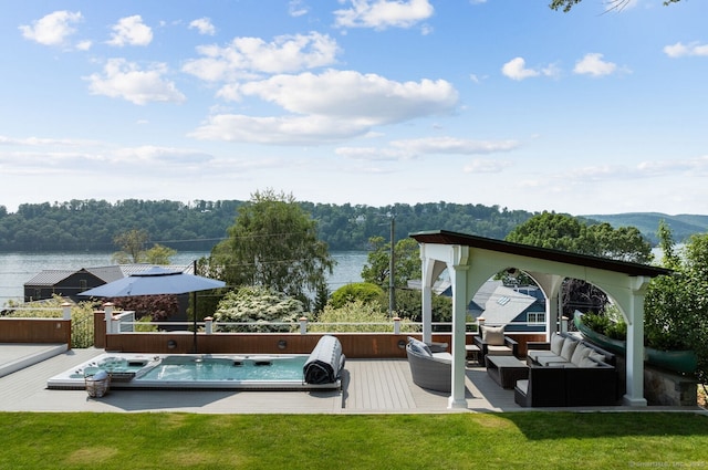 113 N Lake Shore Dr, Brookfield, CT 06804 - view of property's community with a hot tub, outdoor lounge area, a yard, and a wooded view