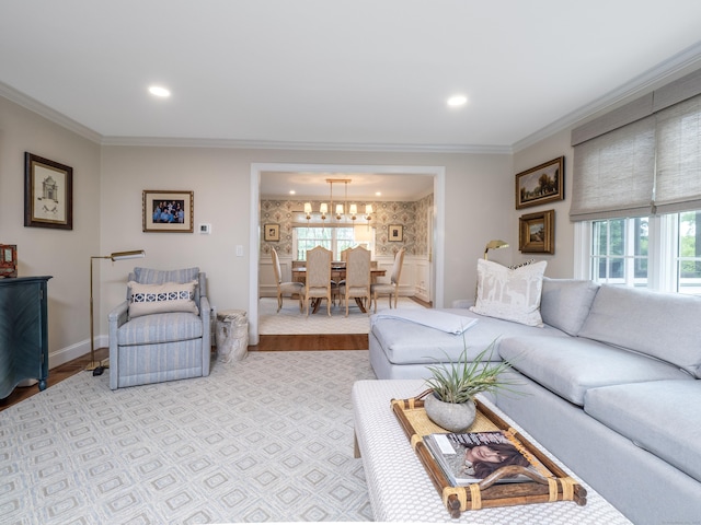 120 Prospect St Apt 63, Ridgefield, CT 06877 - living room with crown molding, a chandelier, wood finished floors, recessed lighting, and wainscoting