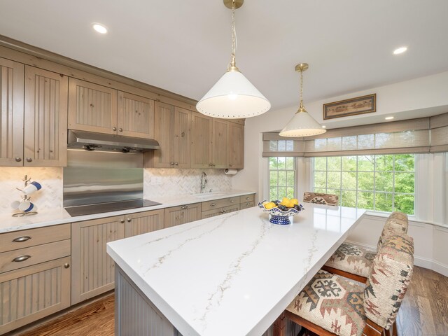 120 Prospect St Apt 63, Ridgefield, CT 06877 - kitchen featuring black electric stovetop, under cabinet range hood, light wood-style flooring, a kitchen bar, and recessed lighting