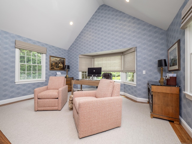 120 Prospect St Apt 63, Ridgefield, CT 06877 - living area with vaulted ceiling, an office area, wood finished floors, and recessed lighting