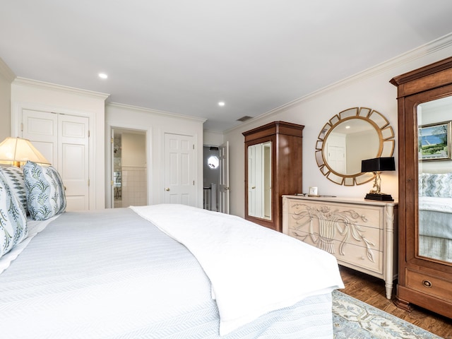 120 Prospect St Apt 63, Ridgefield, CT 06877 - bedroom featuring ornamental molding, dark wood-type flooring, and recessed lighting